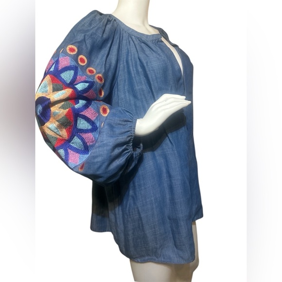 Zara Chambrey Top with Embroidered Sleeves - Picture 6 of 10